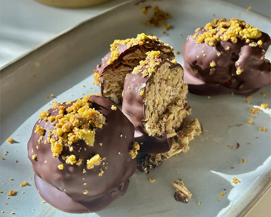 chocolate covered pistachio oat energy bites balls