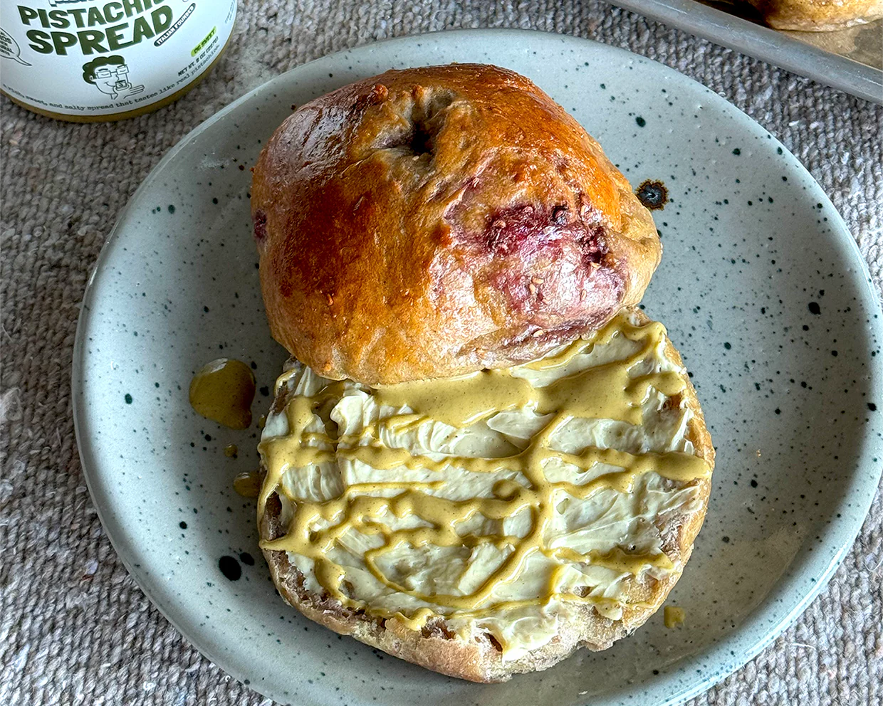 raspberry pistachio bagel breakfast morning treat sweet and savory