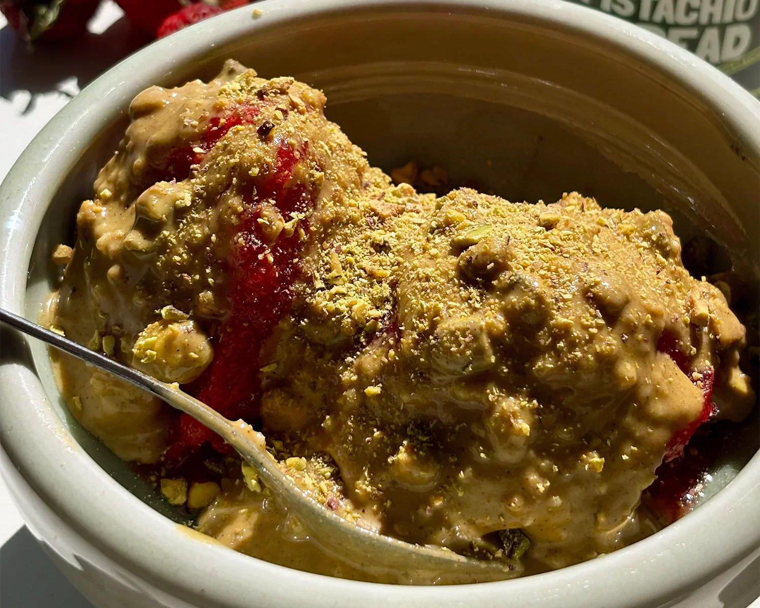STRAWBERRY SORBET WITH CRUNCHY PISTACHIO TOPPING